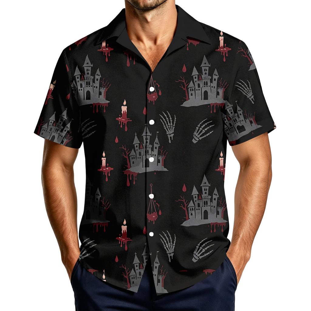 Men's Casual Short Sleeve Halloween Print Button Down Shirt