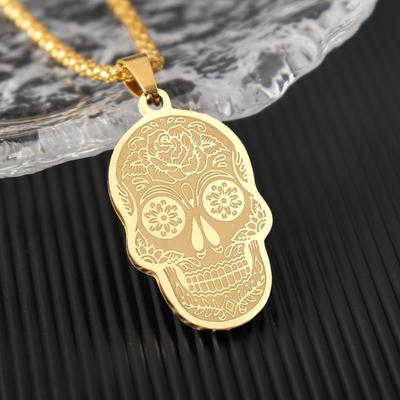 Fashion Pop Stainless Steel Flower Skull Pendant Necklace Skull Pendant Necklace Holiday Gift Accessories