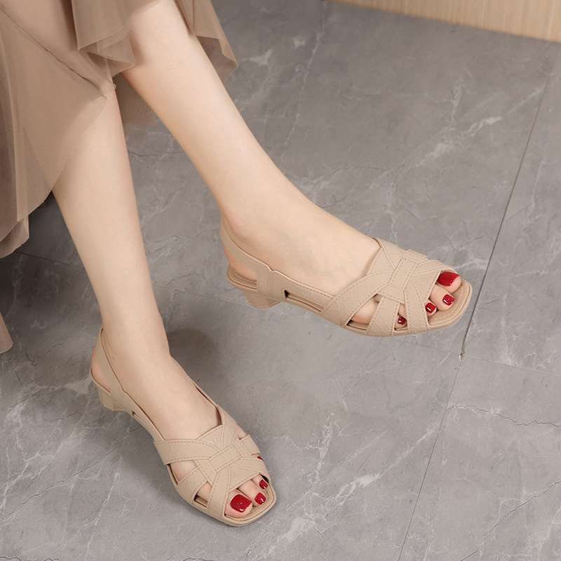 Nya fiskmunssandaler dam sommar tjock klack ihålig mamma mode mjuk sula plast halkfri med kjol mångsidiga svala tofflor