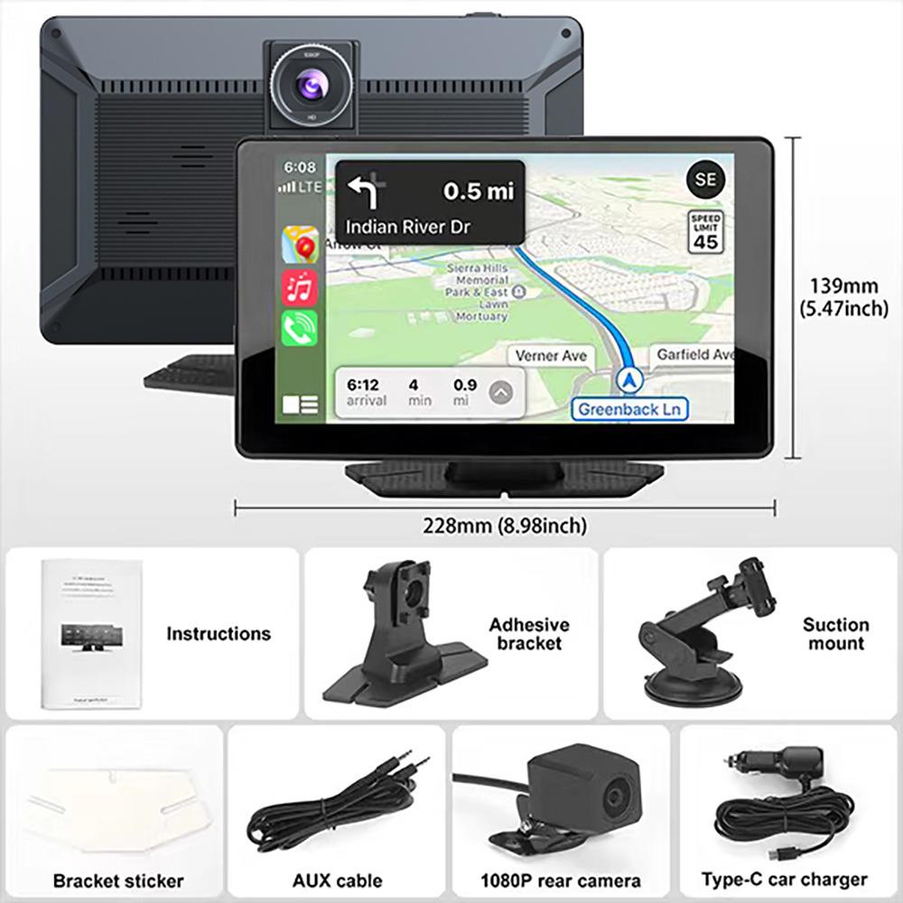 9-inch HD Wireless CarPlay, WiFi Dual-lens Dashcam, Car Navigation System, Equipped with Optical Sensor