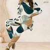 Women Plus Size Printed Two Piece Set Round Neck Long Sleeve Longline Top And Fitted Pants