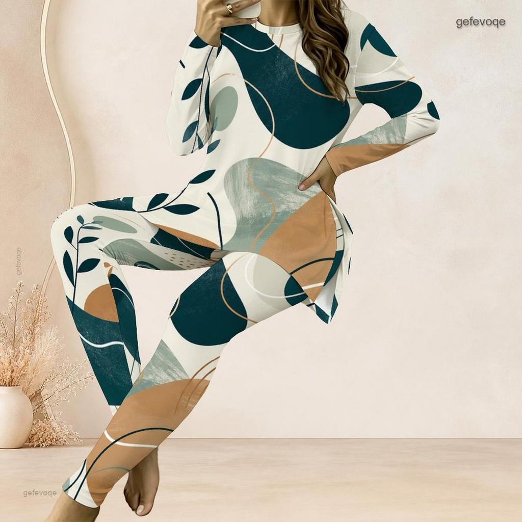 Women Plus Size Printed Two Piece Set Round Neck Long Sleeve Longline Top And Fitted Pants