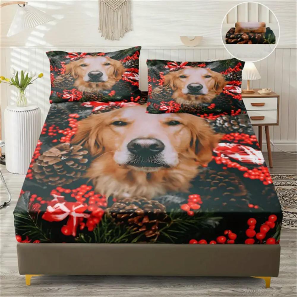 

JIT3pcs 85G July Synthetic Polyester Christmas Golden Retriever Digital Fitted Sheet Three-piece Set, Soft, Comfortable, Bed 90x200x25cm