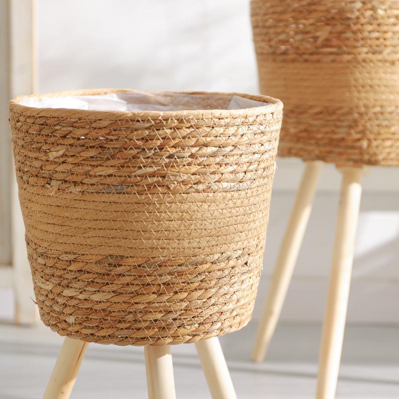 Nordic Rattan Woven Flower Pot and Stand for Living Room/Balcony Decor.