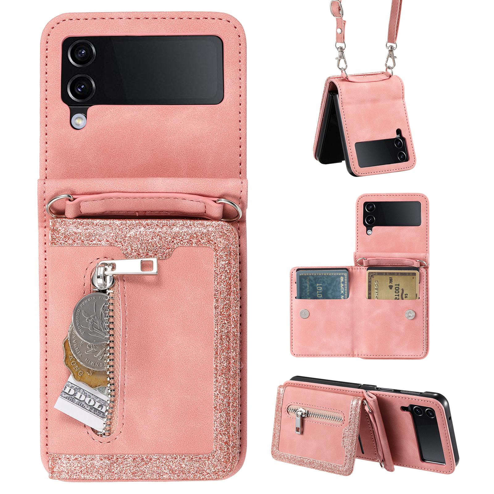 

For Samsung Galaxy Z Flip4 5G Kickstand Case Zipper Pocket Leather Cover with Hand Strap and Shoulder Strap Rose Gold