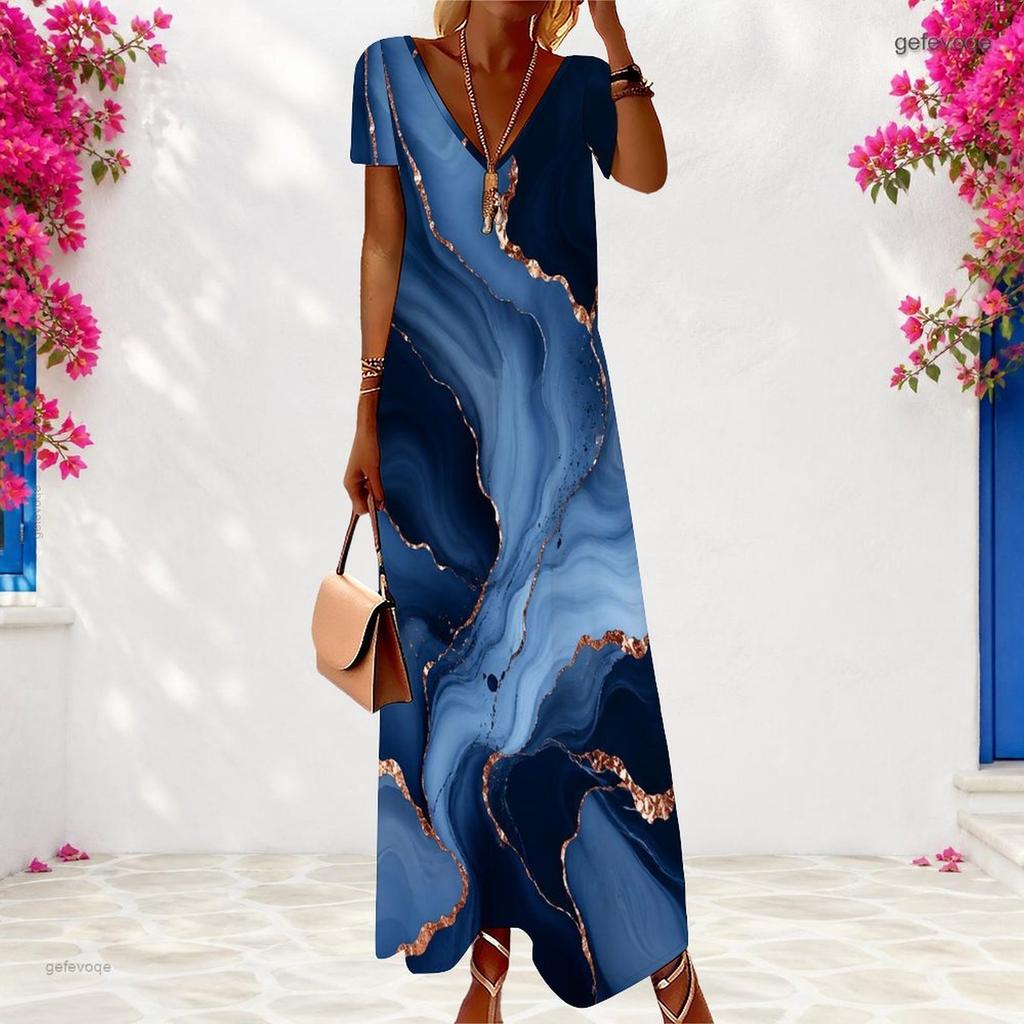 Women Plus Size V Neck Short Sleeve Marble Printed Teal Blue Maxi Dress