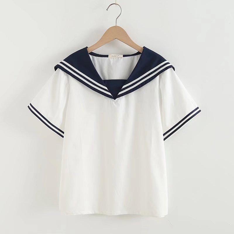 

New product, Japanese college style sweet navy collar striped short-sleeved shirt, women s clothing One size fits all белый