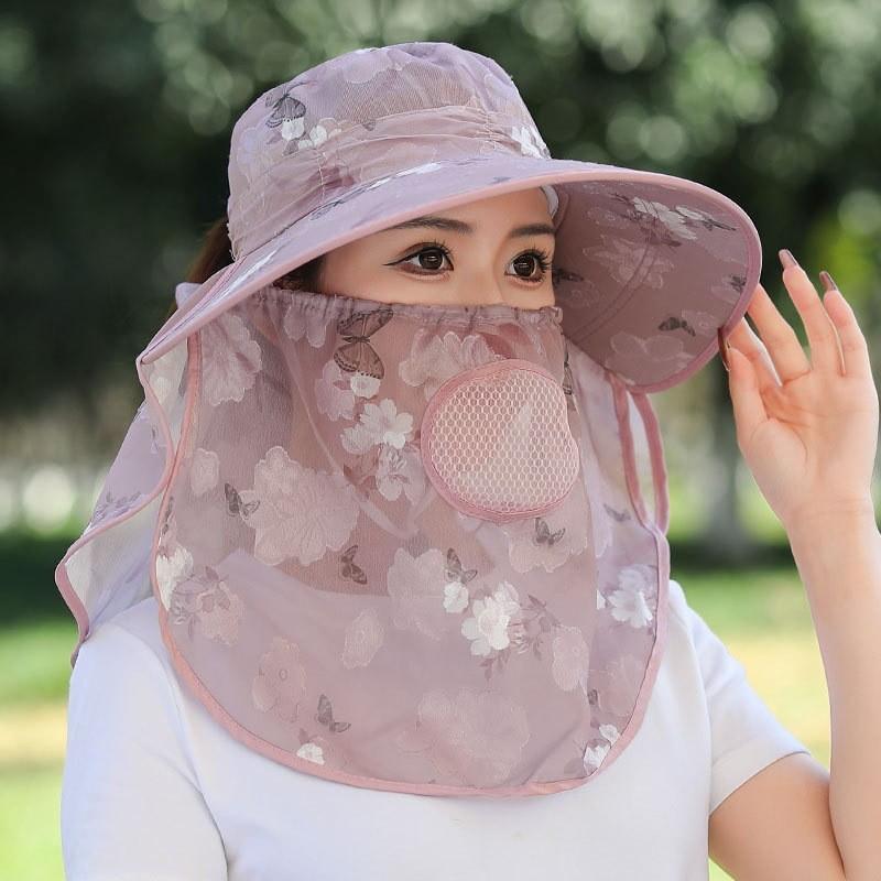 Polyester Chiffon Sun Hat With Face Mask And Neck Cover For Outdoor Gardening Sun Protection