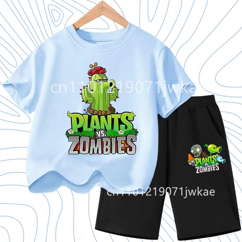Children's Plants Vs. Zombies Short-Sleeved T-Shirt Set Cotton Summer Fashion Comfortable Top+pants for Boys and Girls