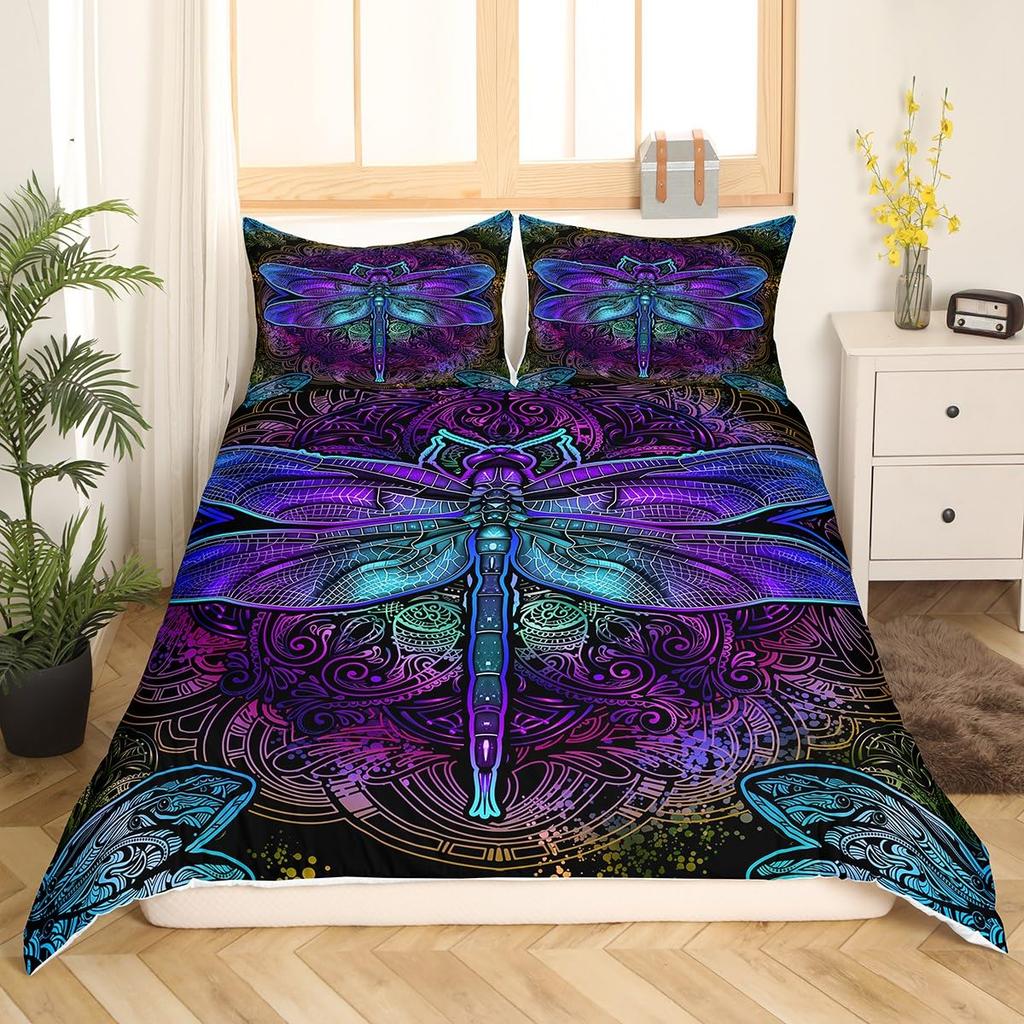 Comforter Colorful Dragonfly Women Kids Girls Floral Botanical Pattern Room Decor Bedding Set Queen King