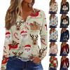 Women's Casual Christmas Print V-Neck Long Sleeve T-Shirt with Decorative Buttons for Holiday Parties