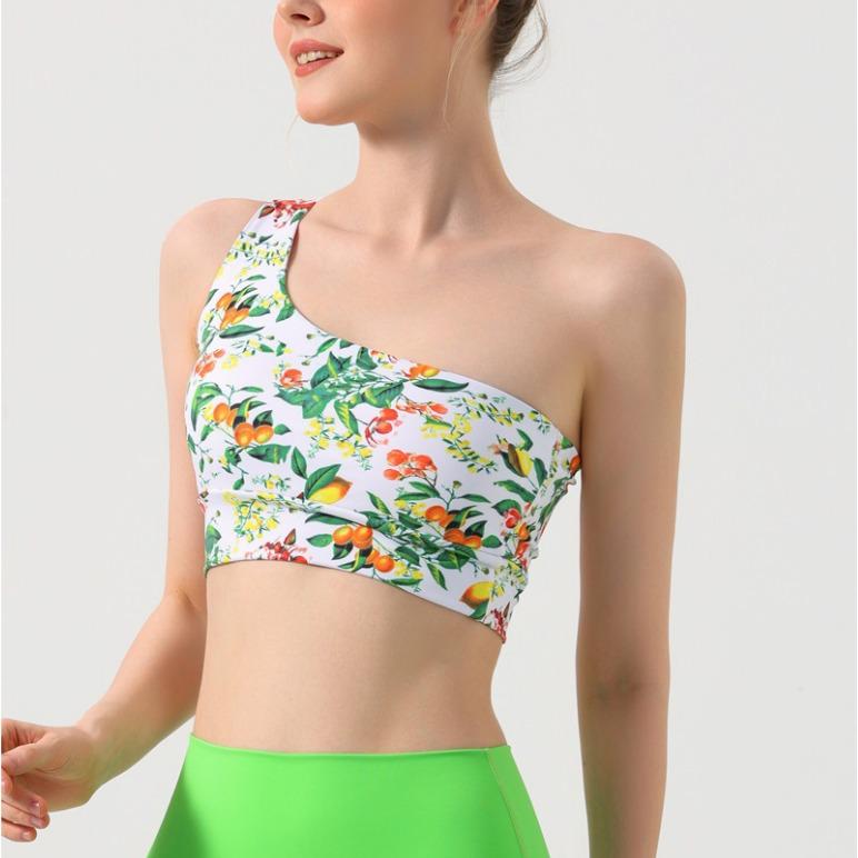 Blumiges Ein-Schulter-Yoga-Weste-Set: Damen Sport-BH & Fitnesshose mit Brustpolstern