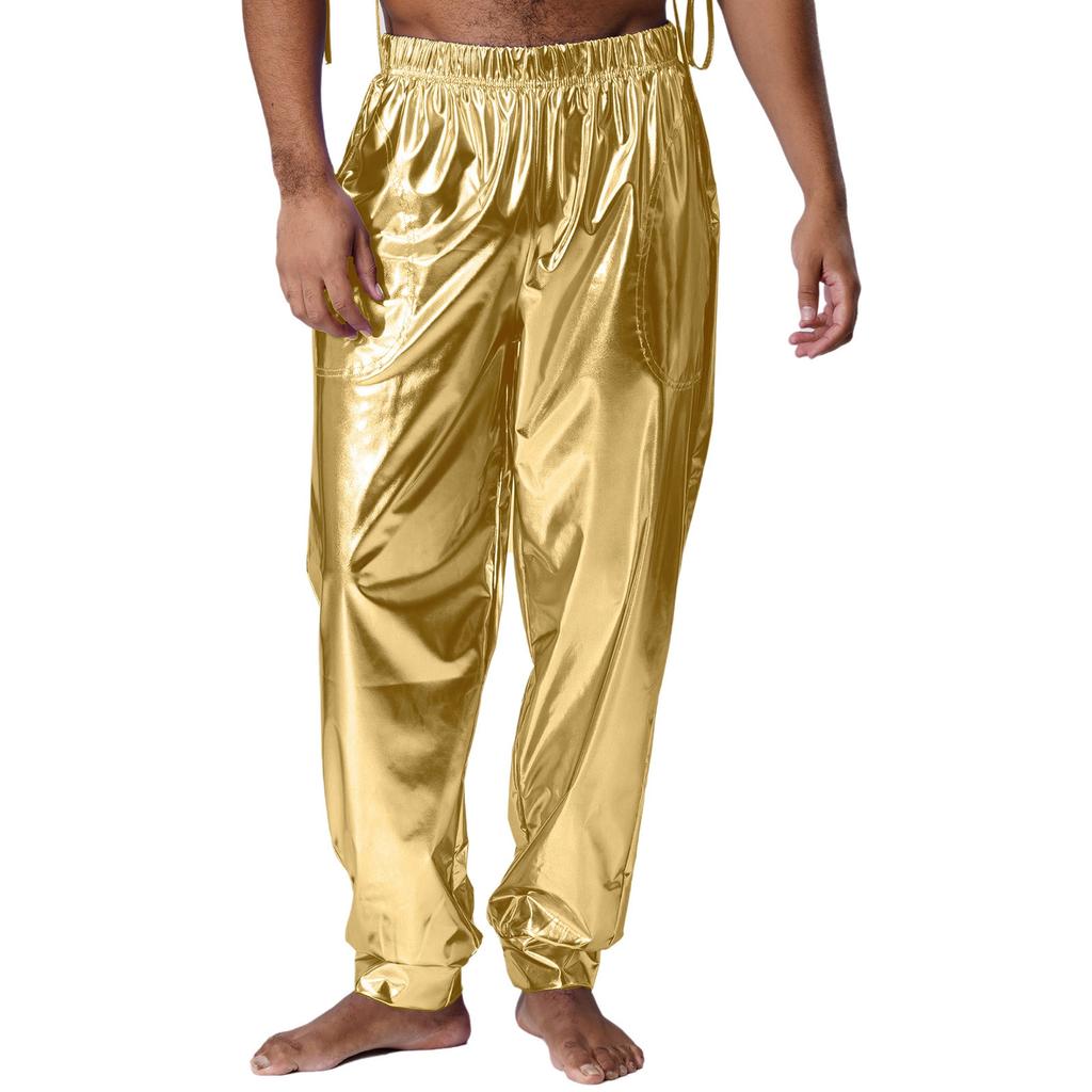 Mens Shiny Sport Pants Metallic High Waist Elastic Waist Loose Fit Modern Dance Pants Performance Wear
