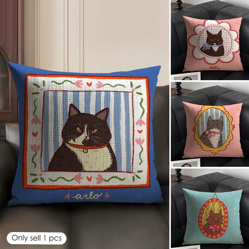 Cute Caroon Cat Portrait Cushion Cover Natural Linen Organic Fabric Double-Sided Printing Sofa Home Decor Gift Pillow Case