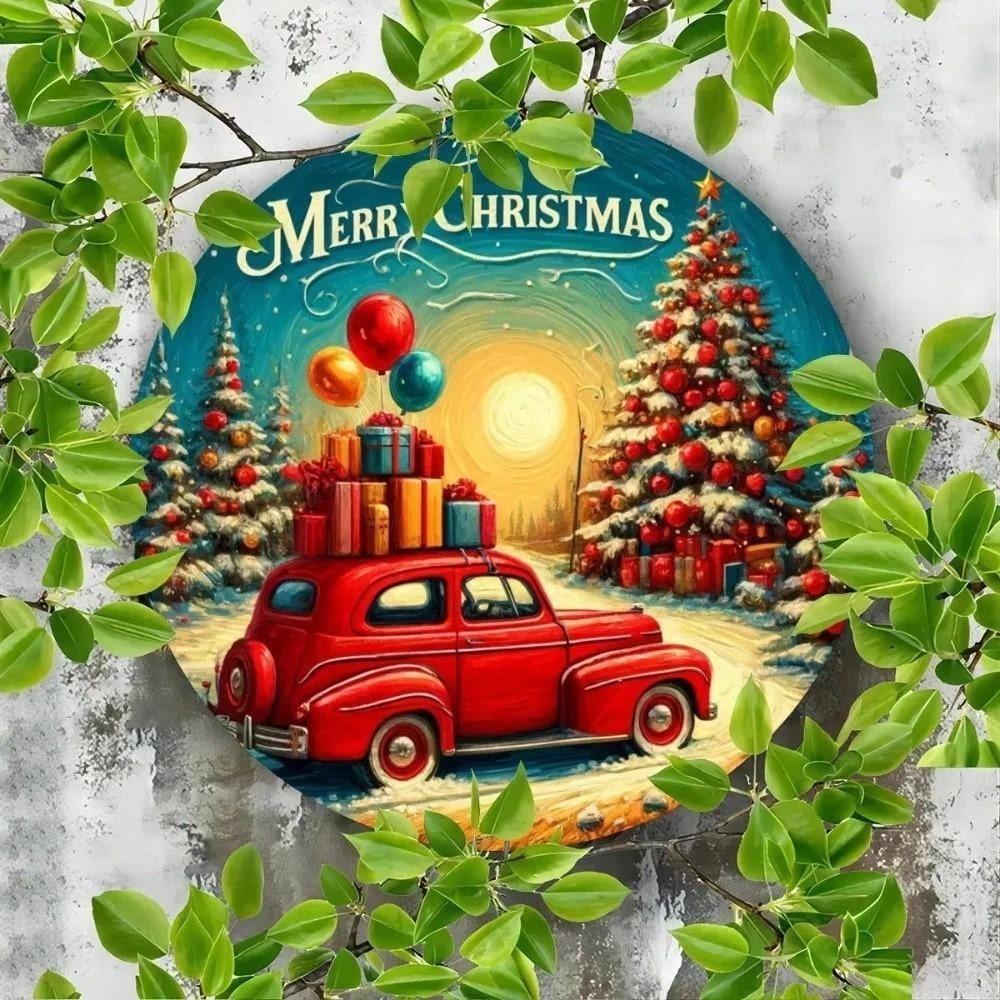 Vintage Christmas Metal Round Wall Sign Rustic Iron Holiday Decor Man Cave Garage Art Durable Weather Resistant