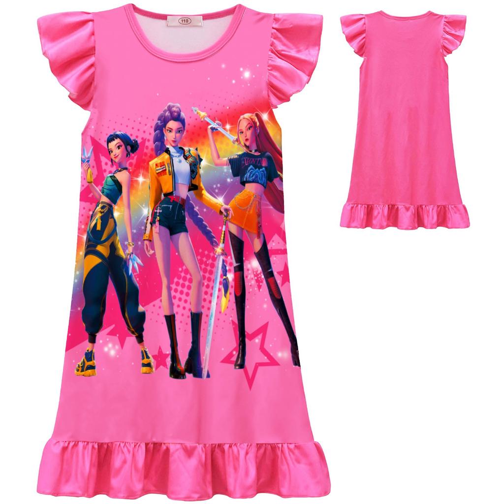 Girls Flutter Sleeve Ruffle Nightgown K-POP Huntress Girls Print Mid-Length Cotton Sleepwear for Kids Ages 6-12