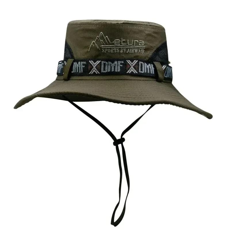 Cappello a secchiello da uomo con tesa larga, protezione UV, stile Panama in rete, cappello da sole per pesca all'aperto, escursionismo, campeggio