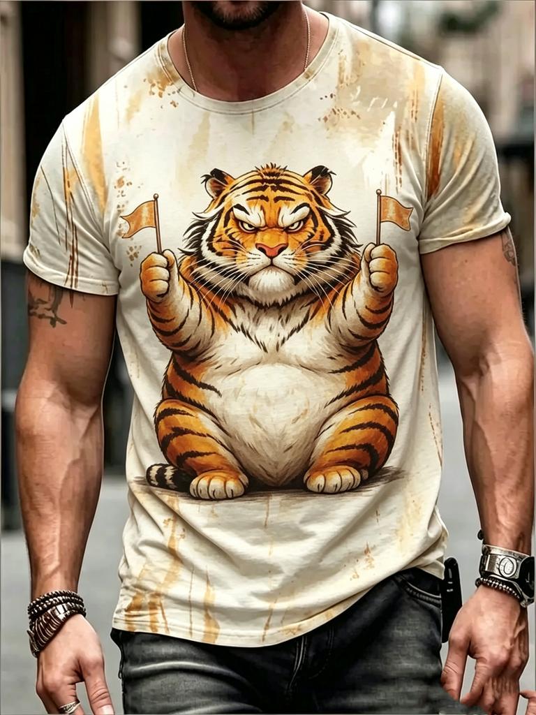 Funny 3D Animal Tiger Print Men's T-shirt Fashion Cool Daily Short Sleeve T shirt Casual Loose Crew Neck Y2k Top Summer Clothing