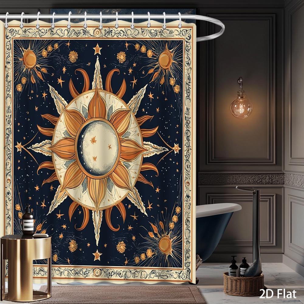 Celestial Sun & Moon Shower Curtain – Astronomical Art with Golden Stars, Deep Blue Background, Vintage Celestial Design