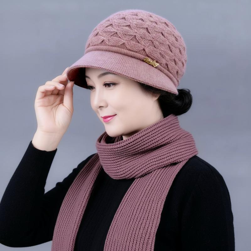 Dámská zimní vlněná čepice a šála: Hustý, Teplý, Odolný proti chladu pro střední věk a starší. Pletený design s plyšovou podšívkou.