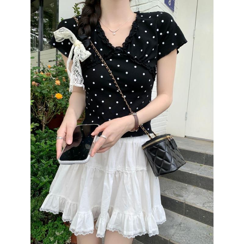 Lace Earrings Polka Dot V-neck Short-sleeved T-shirt for Women's Summer New Design Short Shirt Top