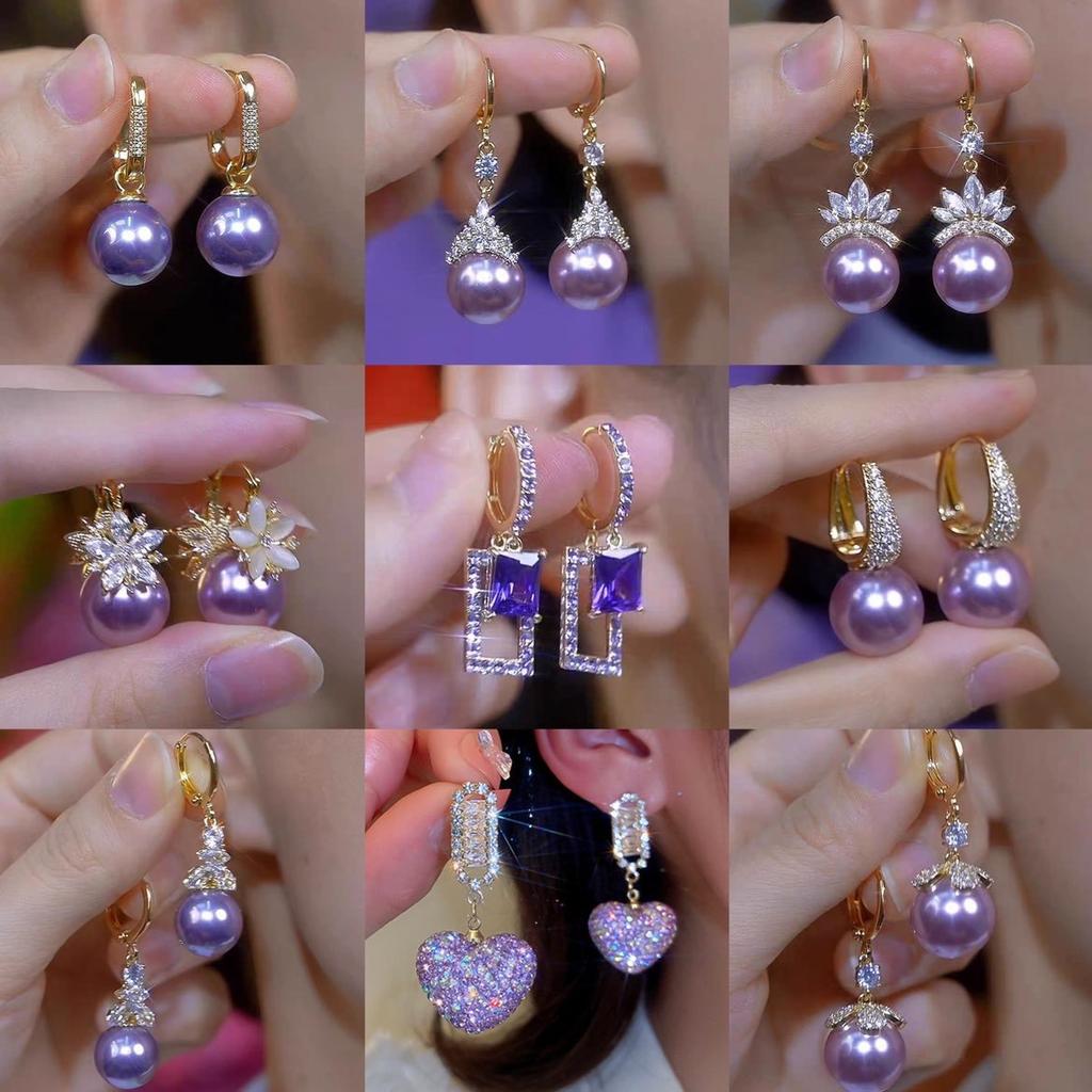 Super Flash Diamond Purple Flower Pearl Stud Earrings French Earrings