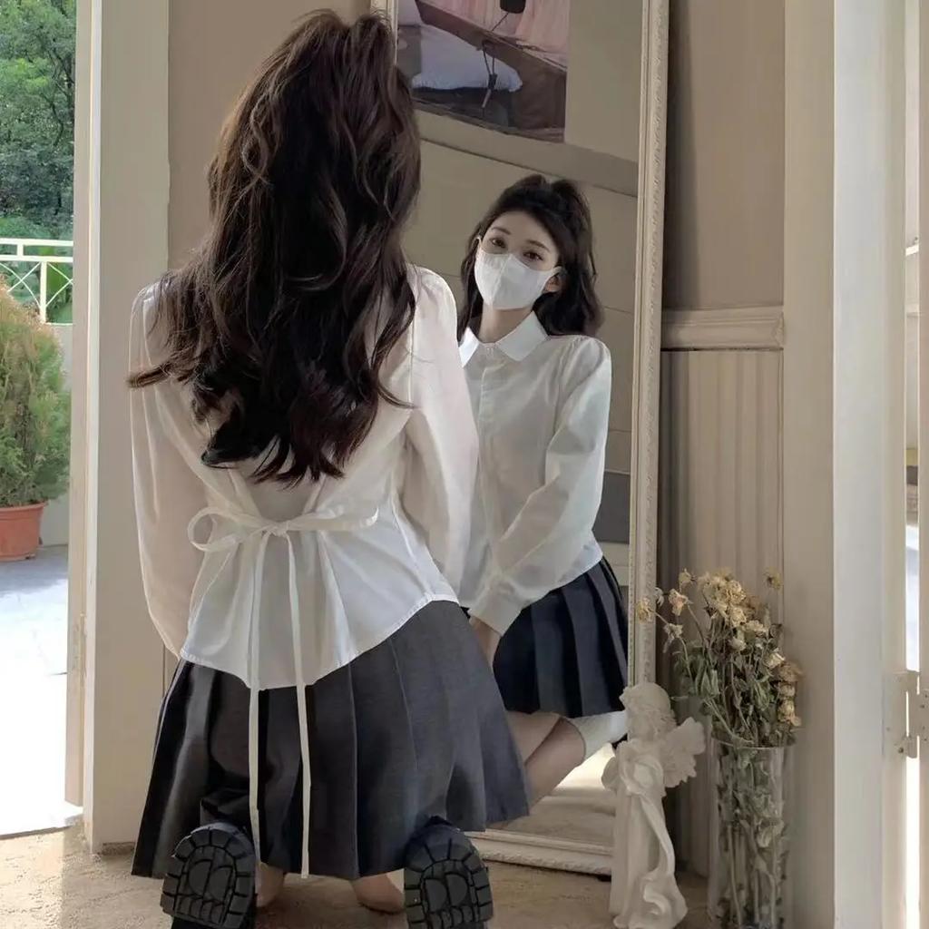 Preppy Bandage Basic White Shirt Women Slim Long Sleeve Cute Top School Button Down Tunic Shirts Blouse Female Casual Lady