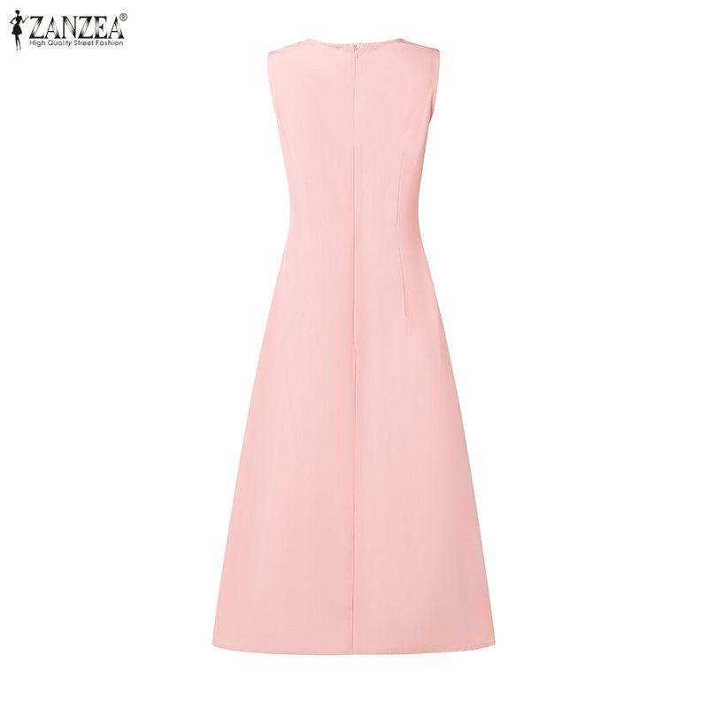 ZANZEA Women Elegant Square Collar Casual Sleeveless Pleated Dress