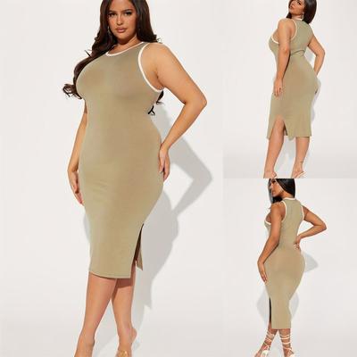 Women's Solid Color Sexy Fashion Plus Size Sleeveless Round Neck Side Slit Midi Dress