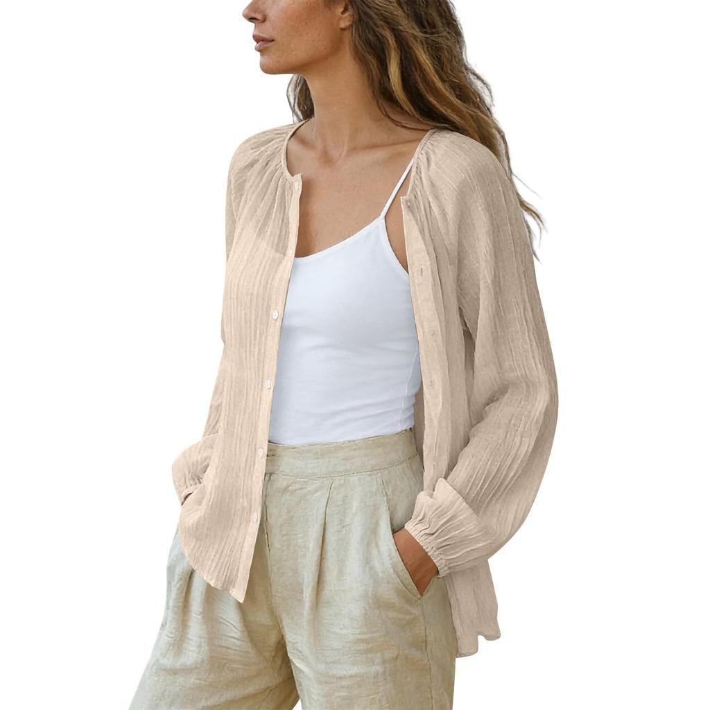 Women’s Long Sleeve Loose Fit Button Down Blouse Lightweight Pleated Top Casual Shirt for Daily Wear