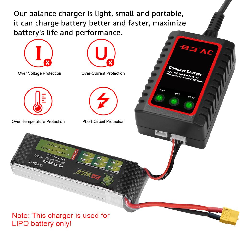B3AC RC Charger for 2s-3s LiPo Battery Compact Balance Charger 2-3 Cells Lipo Balancing RC Toys