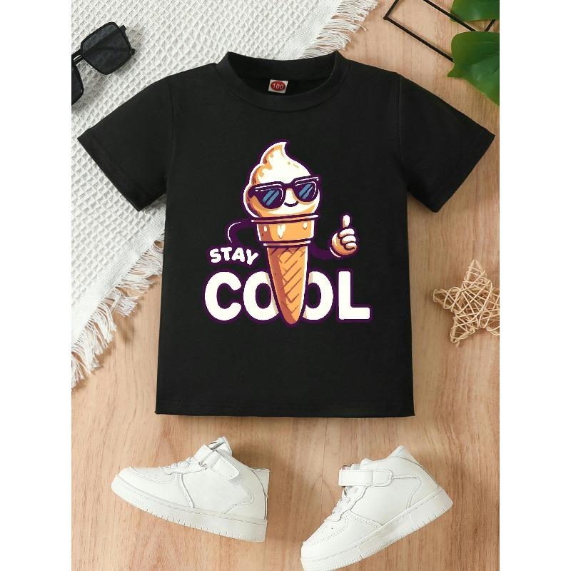 European sizes This Short-sleeved T-shirt for Girls Features a Fun Ice Cream Print with Fashion Glasses. It's Casual, Stylish, and Comfortable