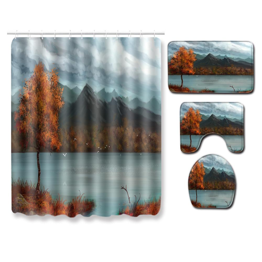 Landscape Shower Curtain Floor Mat Combination Four-Piece Set Bathroom Toilet Carpet Shower Room Mat Foot Mat