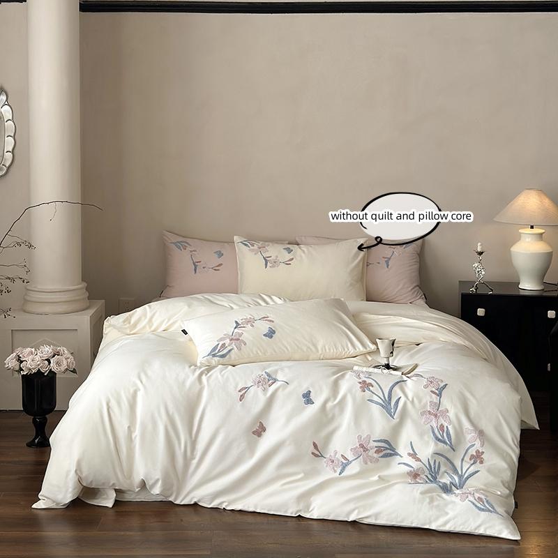 3pcs Elegant Embroidered Orchid Duvet Cover Set (1*Duvet Cover + 2*Pillowcase, Without Core), Lace embroidery Bedding Set