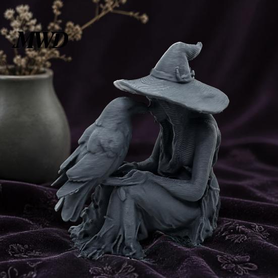 Unique Halloween Gift 3D Printed Witch Statue, Gothic And Raven Sculpture, Retro Style Room Decor Mystical Figurine for Home Desktop Shelf Mantel