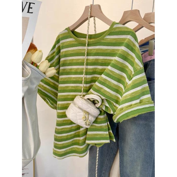 Plus Size Green Striped Short Sleeve Women's Summer T-Shirt - Lightweight, Loose Fit