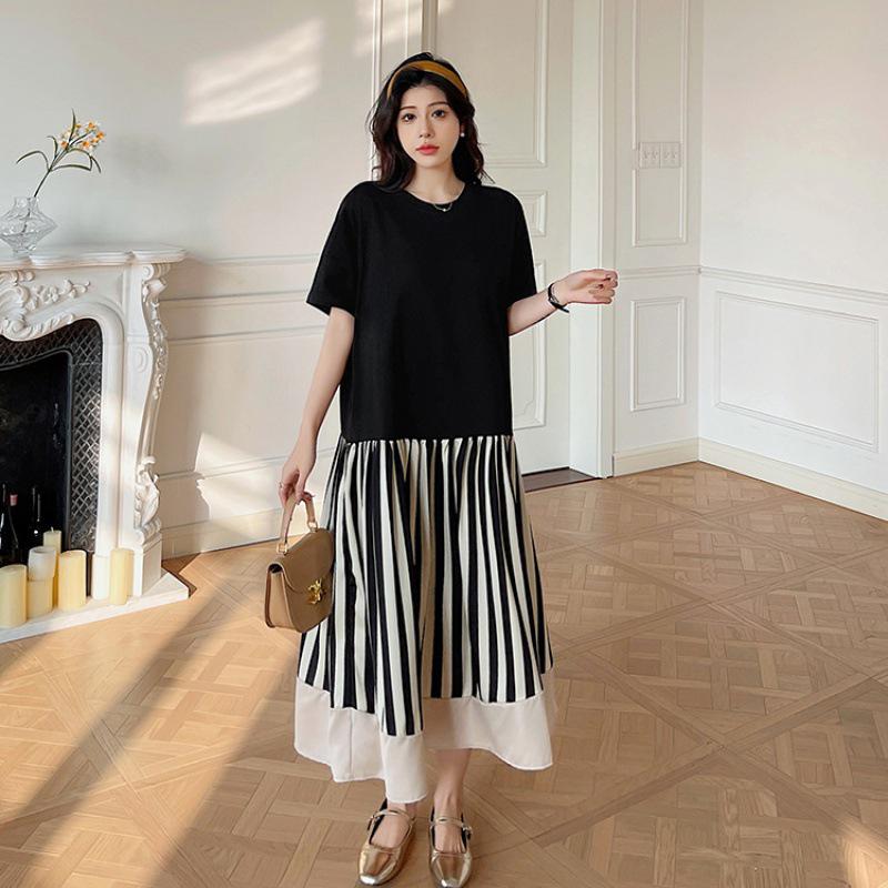 In-Stock 2025 Summer Plus Size Striped Color Block Ruched Skirt Dress
