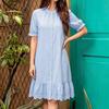 ZANZEA Women Daily Casual Round Neck Lace Crochet Splice Hem Loose Short Sleeve Dress