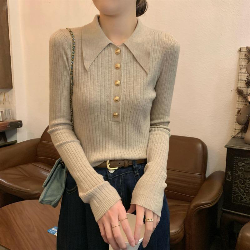 Herbst- und Winter-Polokragen Rippstrickpullover Damen Hochwertige Metallschnalle Innenoberteil Temperament Vielseitig Unterzieher Strickpullover Trend