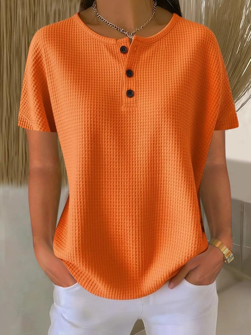 Women s Waffle Knit Henley T-Shirt Casual Short Sleeve Button Down Crew Neck Tops S оранжевый