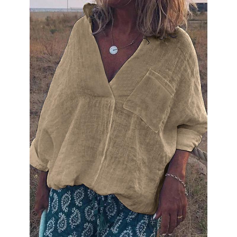 Pevná dámská halenka s dlouhým rukávem a výstřihem do V