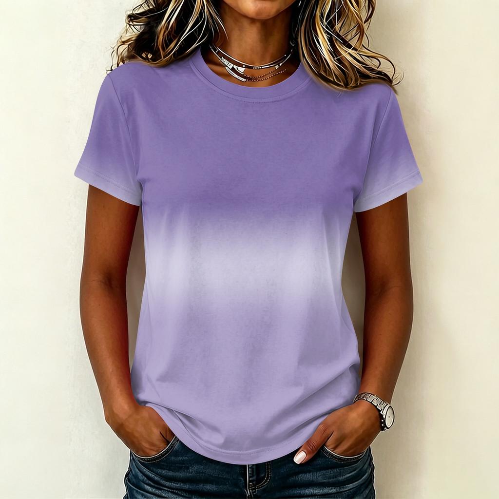 Women's Casual Pullover Short Sleeve T Shirt Gradient Color Crew Neck Top Lightweight Soft Fabric Summer Basic Tee