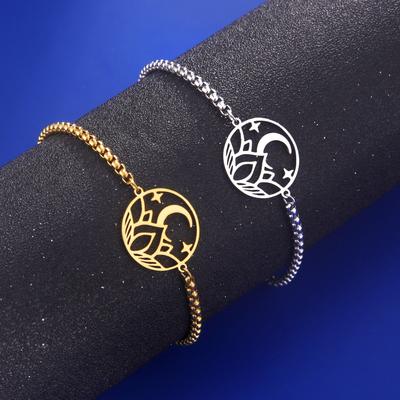 Pulseiras femininas de aço inoxidável com pingente de flor e estrela, com design de estrelas e lua