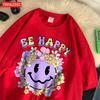 Street Cotton Womans T-Shirts Be Happy Face Cartoons Printing Short Sleeve O-Neck Breathable Loose Tops Trend Female Clothes