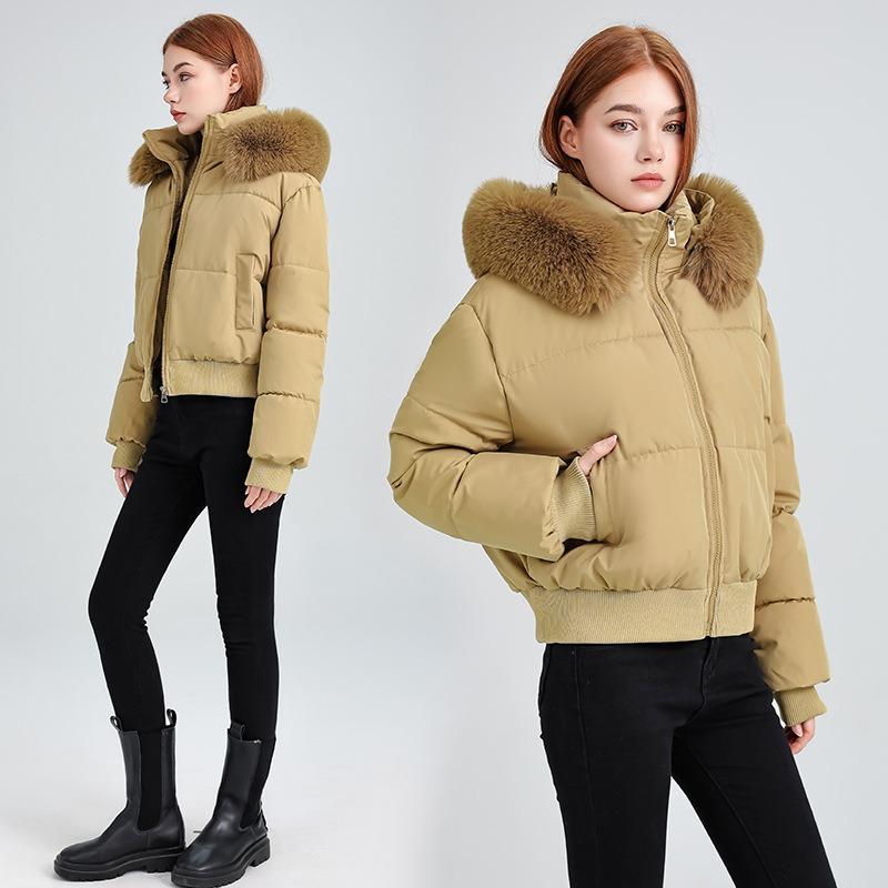 High waist big fur collar hooded short cotton jacket women's autumn and winter new down cotton jacket thin jacket