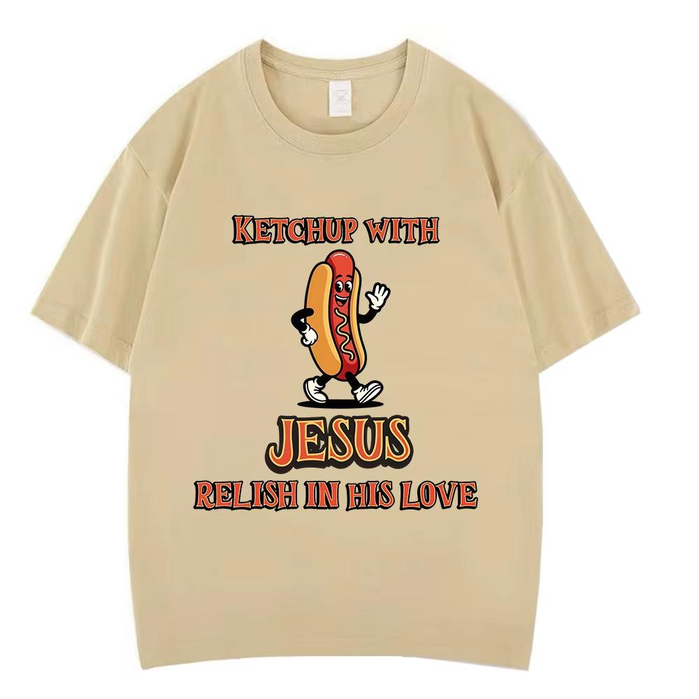 Funny Christian Hot Dog Funny Jesus Graphic Tshirt Unisex Women Vintage T Shirts Shortsleeved pure Cotton Casual Fashion Tshirts M