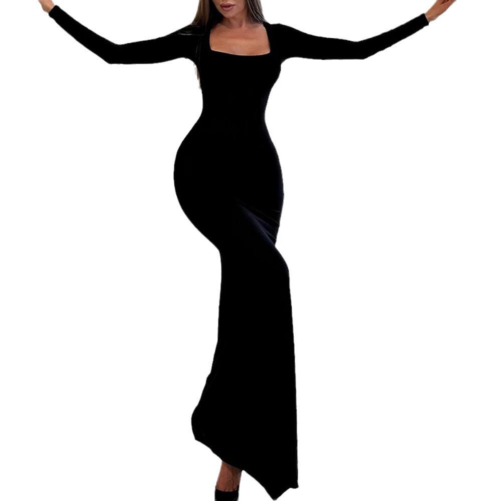 2026 Autumn/Winter Women's Slim Lace-up Square Neck Long Sleeve Evening Dress