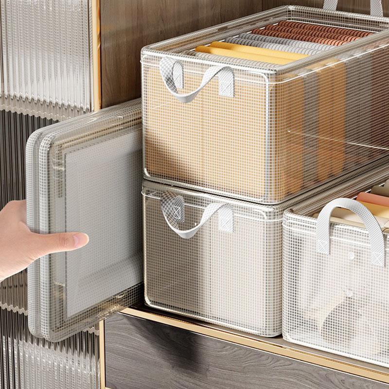 Clothes Storage Box, Home Wardrobe Storage Box, Layered Storage Box for Clothes and Pants, Transparent Folding Storage Basket