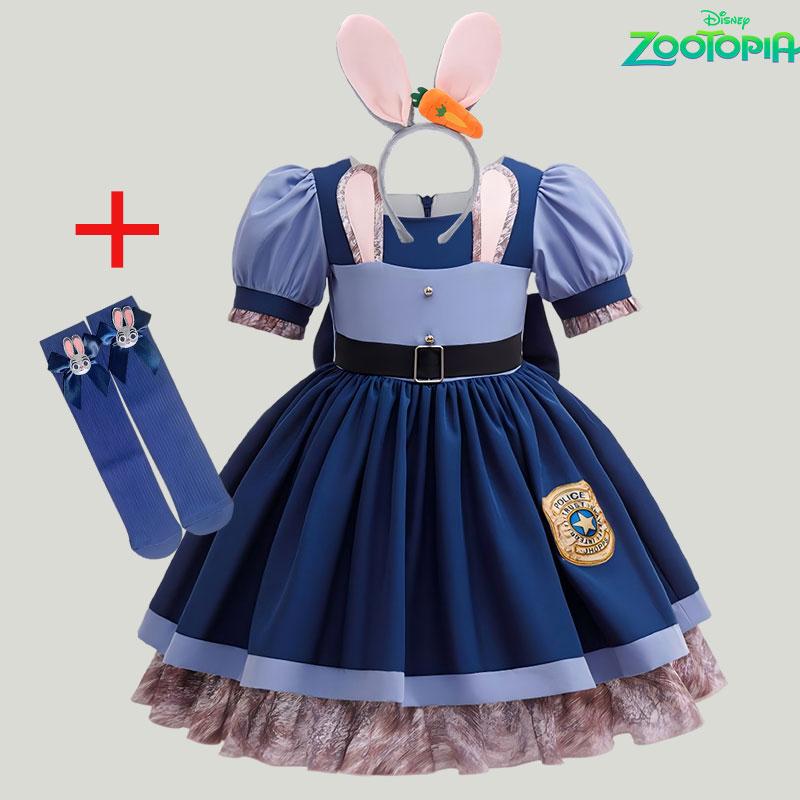 Cute Bunny Judy Costume for Girl Zootopia Role Playing Rabbit Officer Hopps Clothing Halloween Carnival Animal Disguise 2-10 Yrs