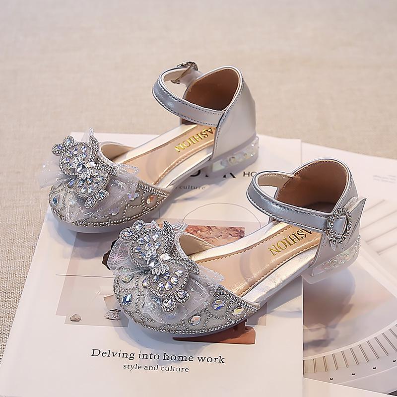Bow High Heel Girls' Sandals: Summer Closed-Toe Crystal Princess Shoes 2025 - Soft Sole for Comfort